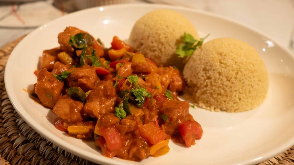 Steamed Coconut Couscous with Chicken Goulash