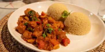 Steamed Coconut Couscous with Chicken Goulash